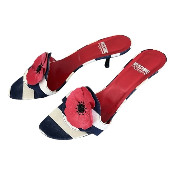 Moschino Vintage Y2K Poppy Floral Striped Kitten Heel Mules Slides Sandals Shoe - Picture 11 of 16